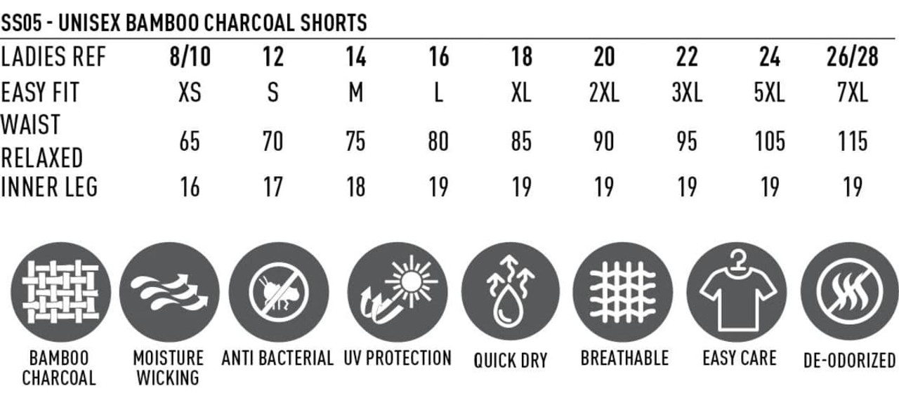 A set of unisex bamboo charcoal sports shorts in various sizes, featuring a diagram with measurements and care symbols.