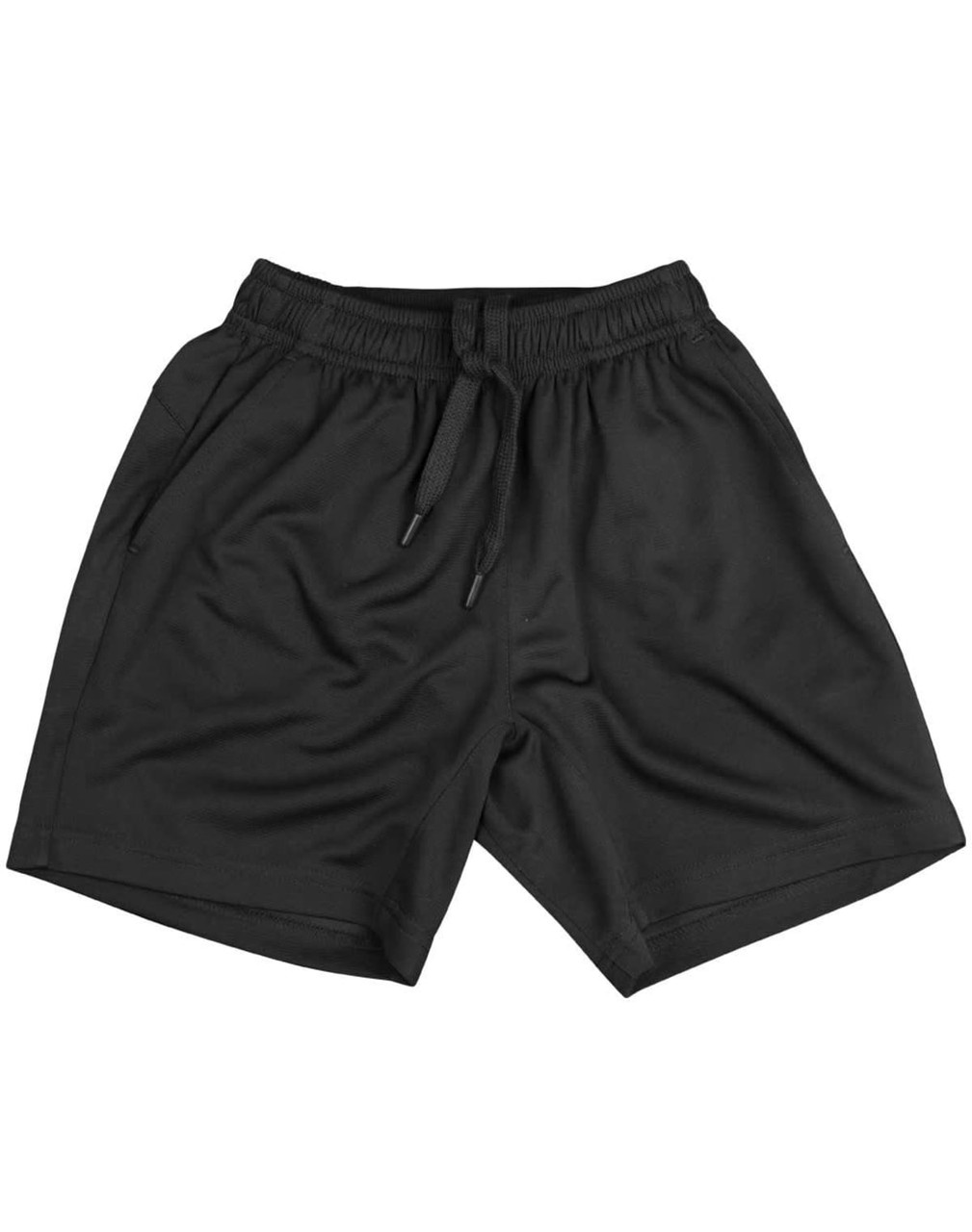 Black bamboo charcoal sports shorts featuring an elastic waistband and drawstring. Logo present on the garment.
