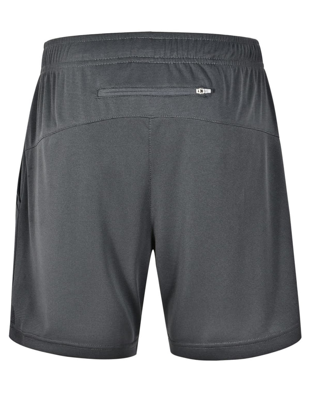 A pair of grey sports shorts featuring a back pocket and a logo on the side.