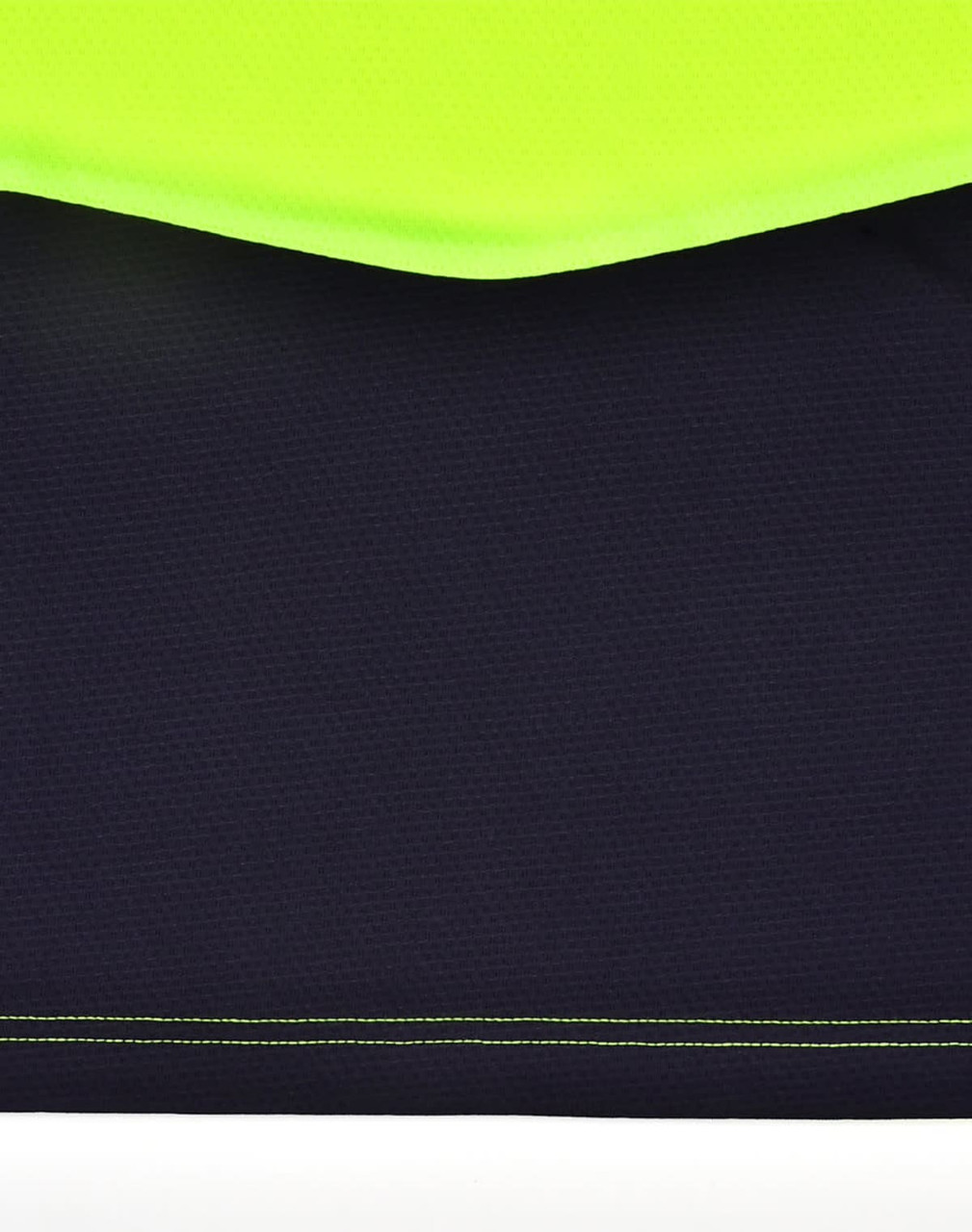 A unisex hi-vis polo shirt featuring a vibrant yellow upper portion and navy blue lower section, with a logo present.