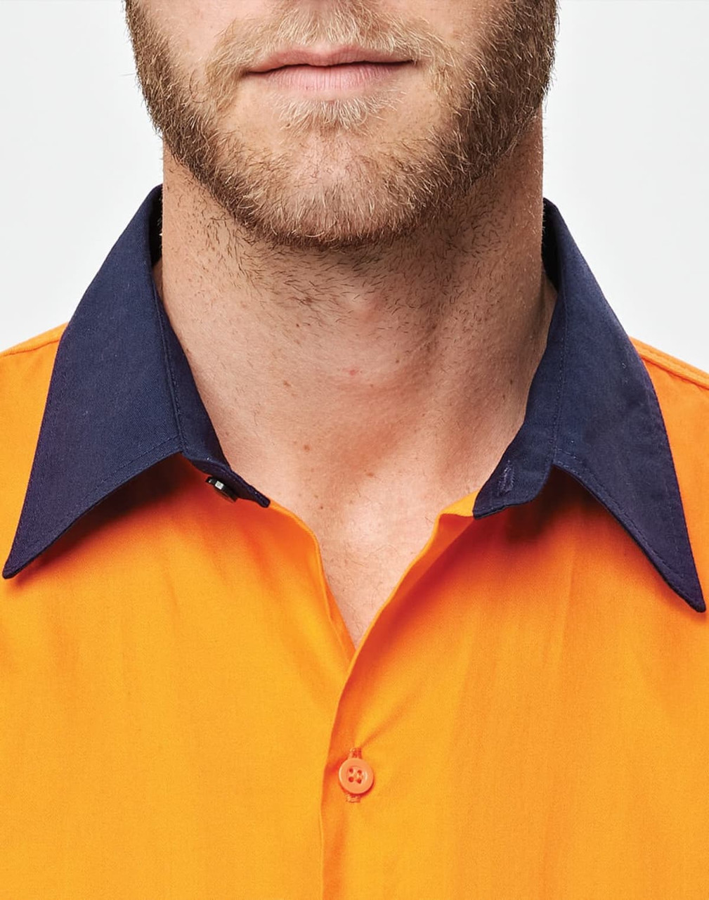 An orange long-sleeve safety shirt with a navy blue collar and a buttoned front. May contain a logo.