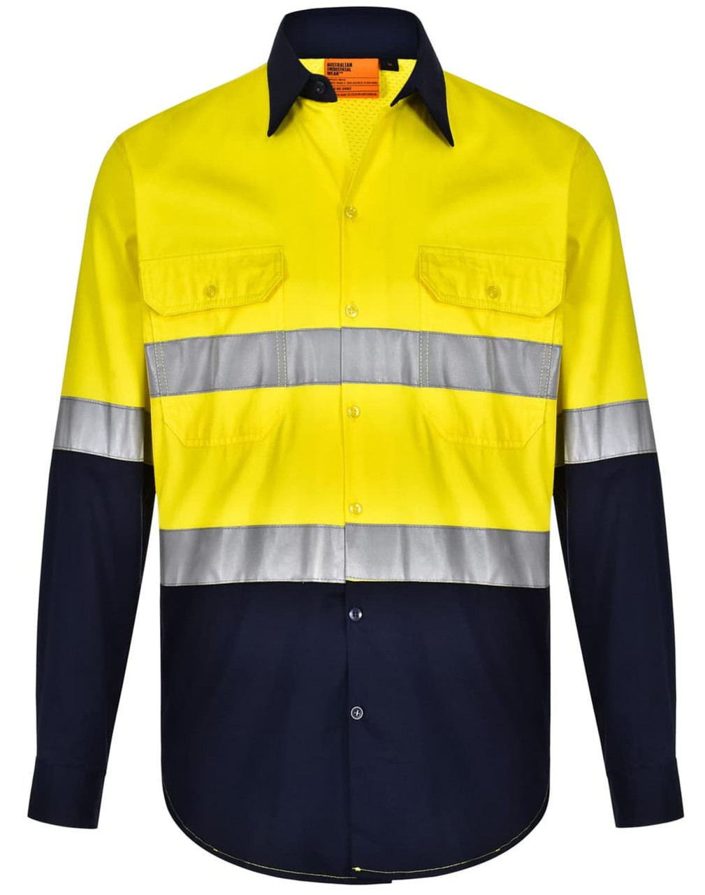 A High-Visibility long-sleeve safety shirt in bright yellow with navy sleeves and reflective stripes. Features two front pockets.