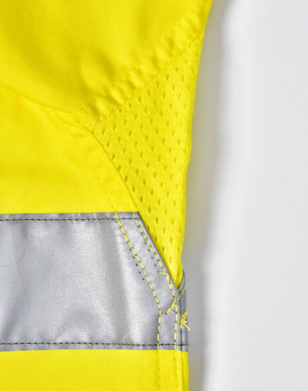 A bright yellow long-sleeved safety shirt with reflective tape and textured panels. It features a logo on the fabric.