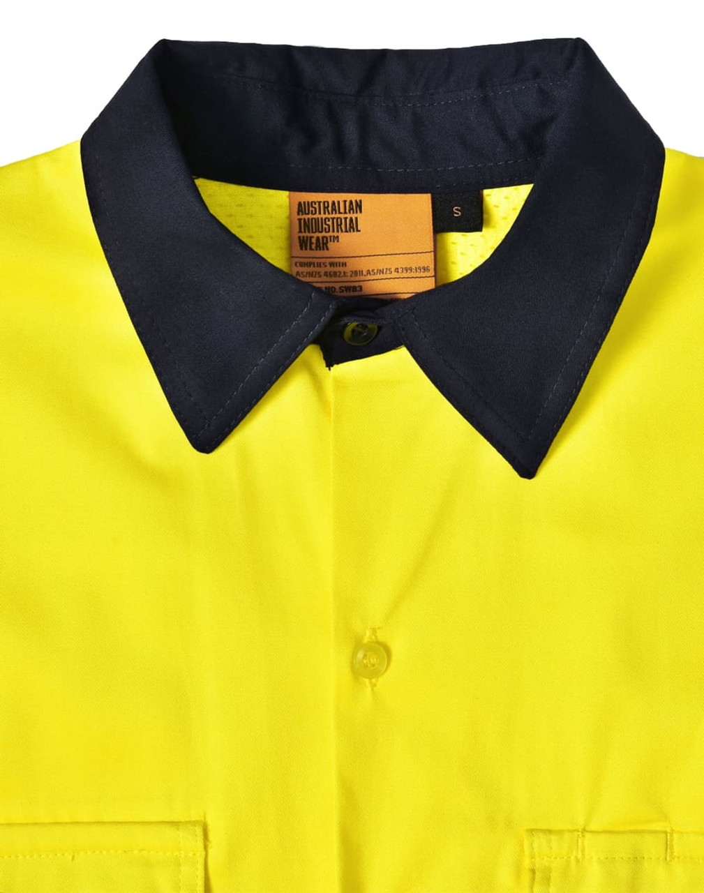 A safety long-sleeve shirt in hi-vis yellow with a navy collar and dual pockets, featuring a logo.