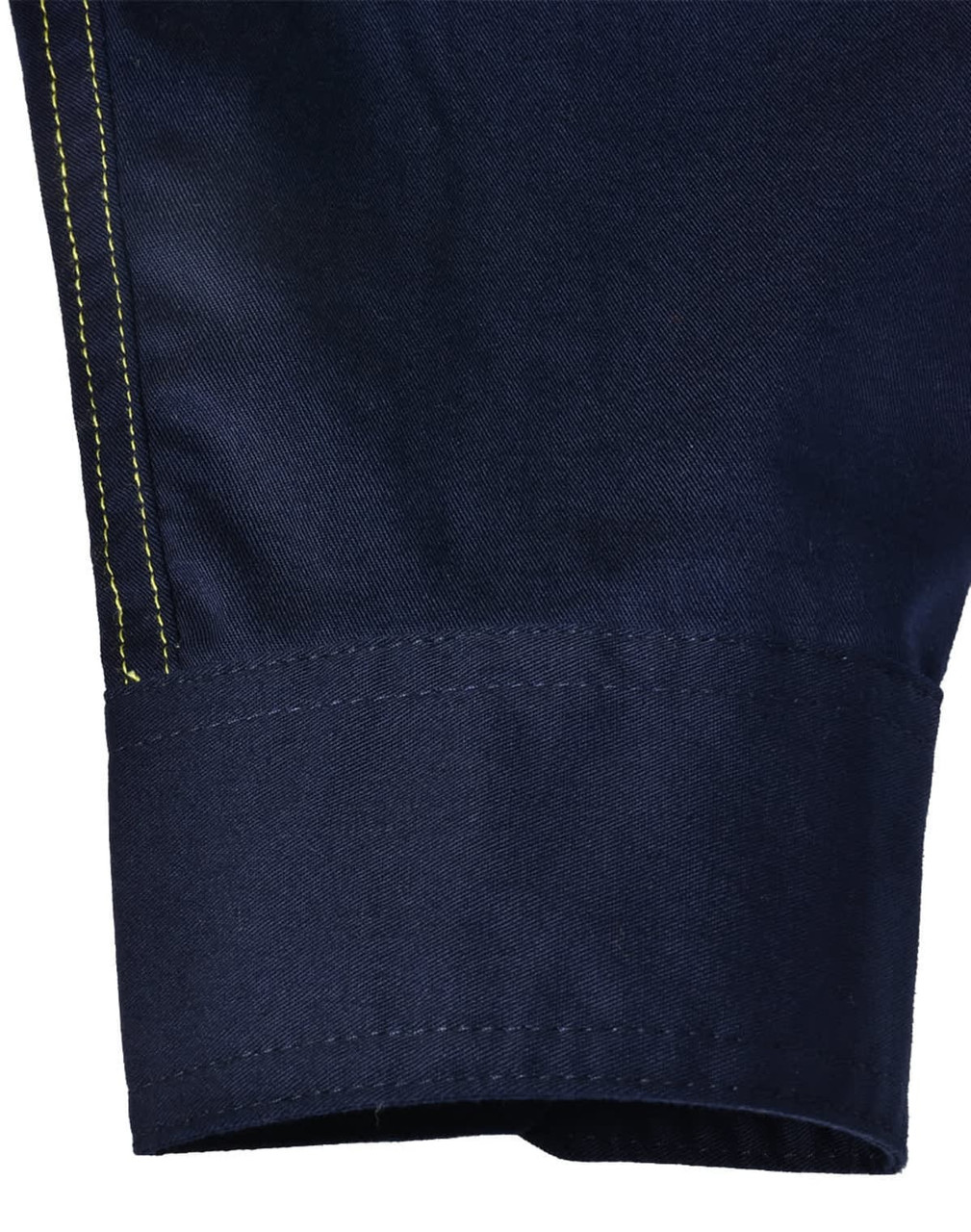 A close-up of a navy long-sleeve shirt featuring a yellow stitched cuff and a logo.