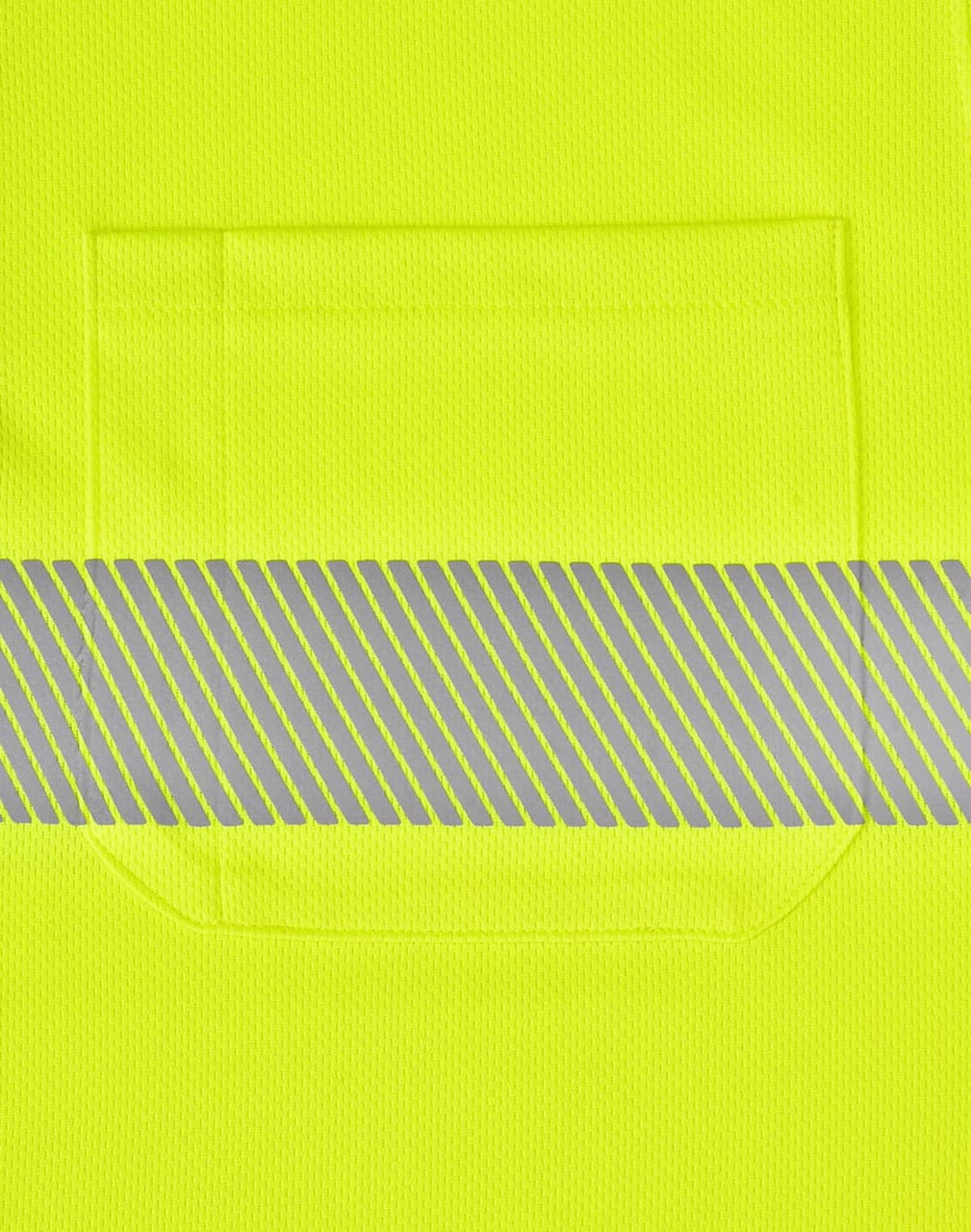 A bright yellow polo shirt featuring a segmented reflective stripe and a front pocket. It has a logo prominently displayed.