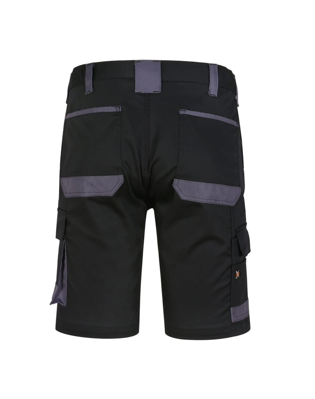 Unisex utility stretch cargo work shorts in black with grey accents and multiple pockets. Features branding on the waistband.