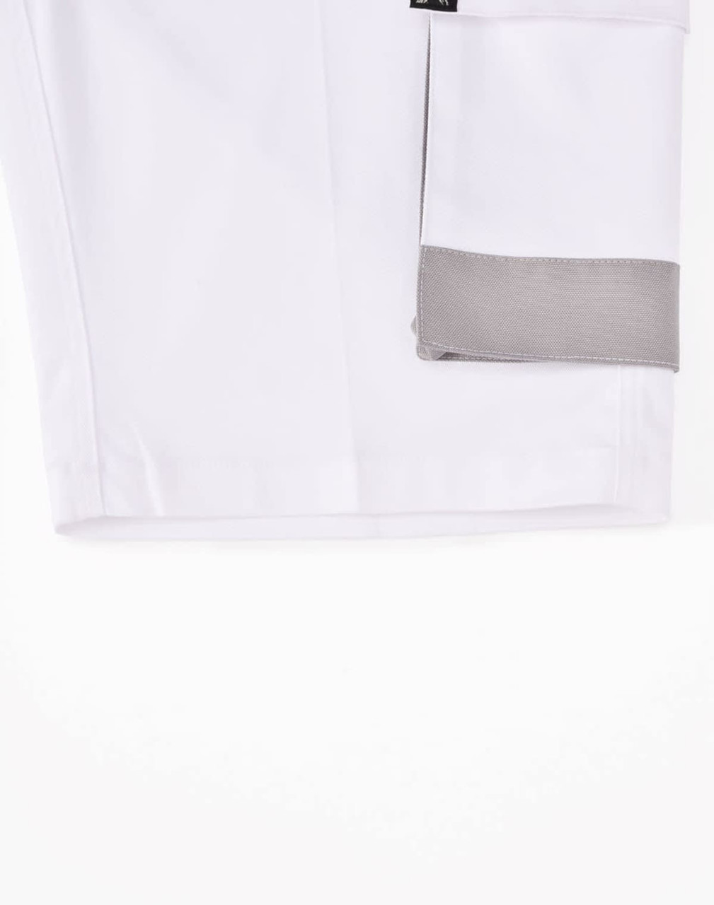 Unisex utility stretch cargo work shorts in white with a grey pocket detail and branding on the waistband.