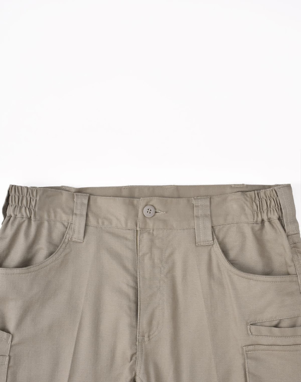 Unisex cotton stretch ripstop work shorts in khaki, featuring elastic waistband and multiple pockets.