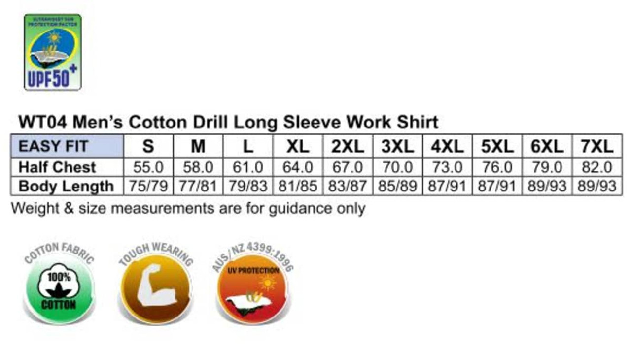 A long sleeve men's work shirt in various sizes, featuring a cotton fabric and a logo. Available in an easy fit style.