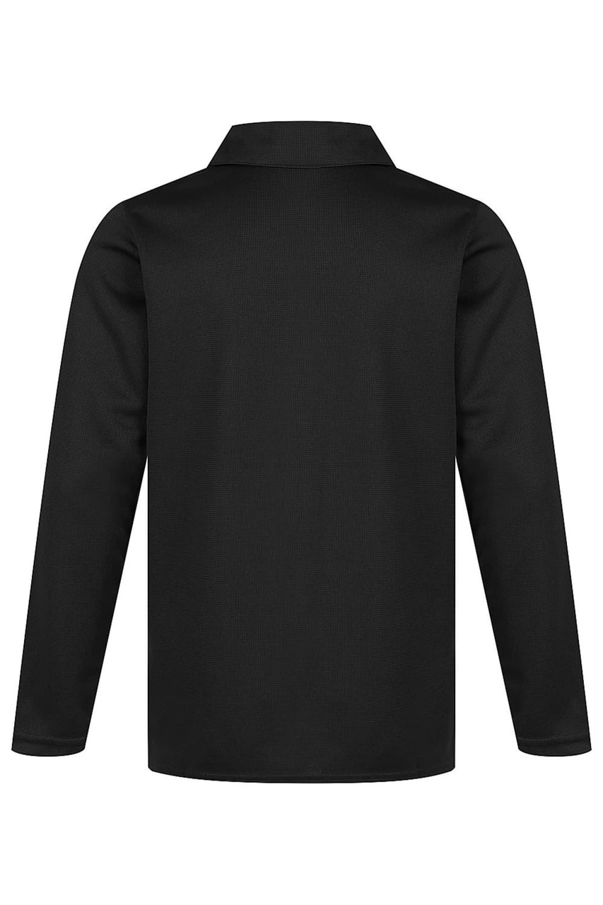 A black long-sleeved polo shirt with a collar, featuring a logo on the front.