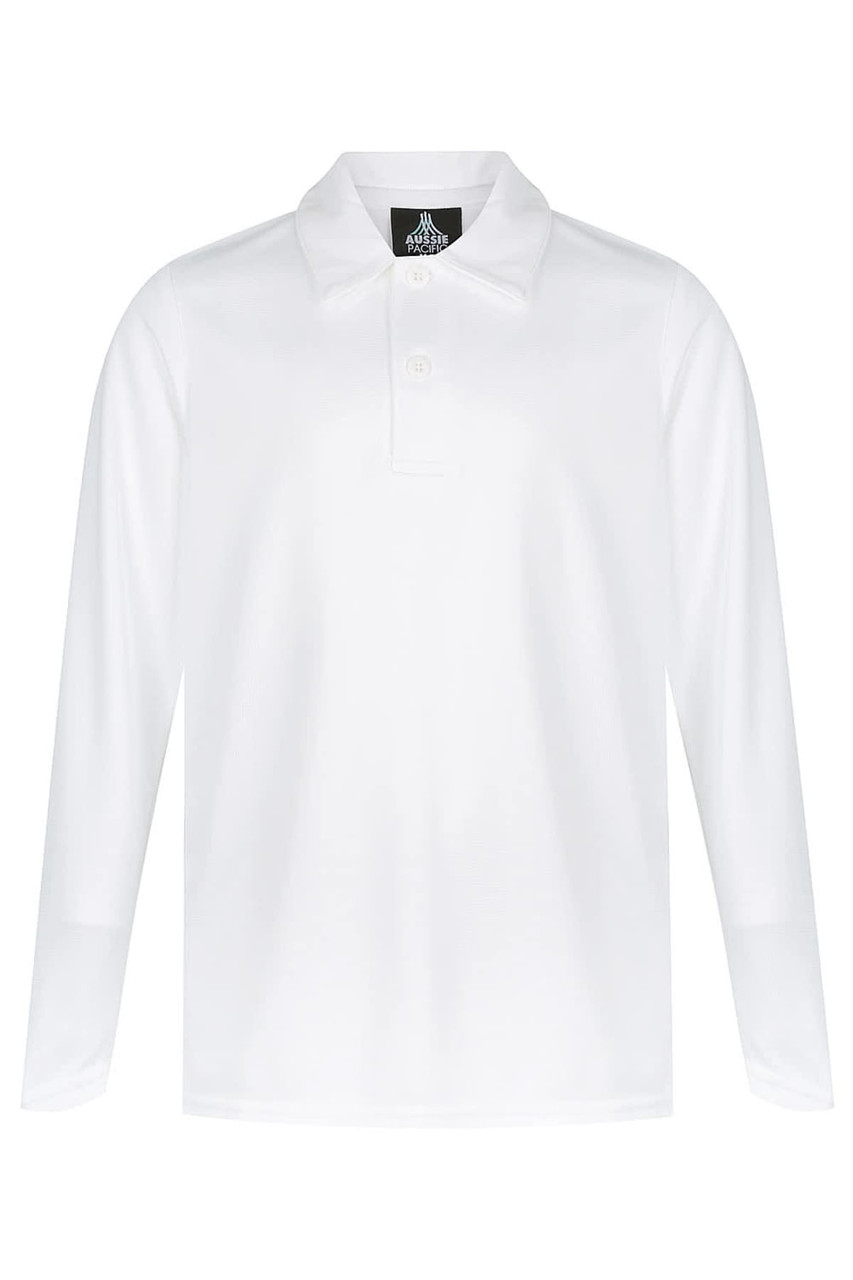A long-sleeved white polo shirt featuring a collar and a buttoned placket. It includes a logo on the upper side.