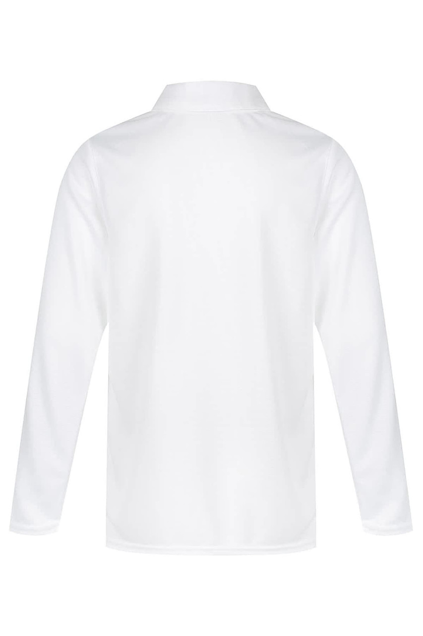 A white long-sleeve polo shirt with a classic collar and a plain back design. It features a logo.
