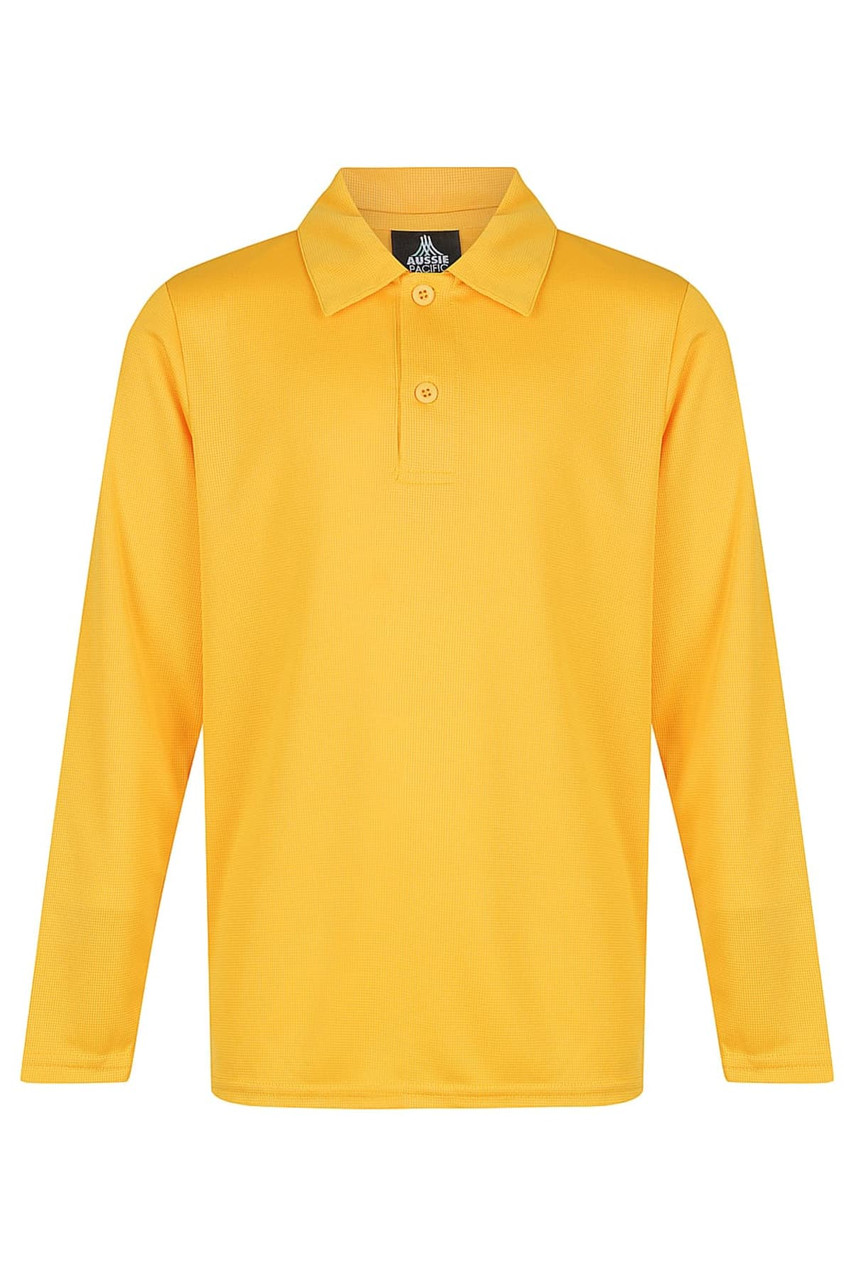 A long-sleeved polo shirt in bright yellow, featuring a collar and button placket, with a logo on the label.