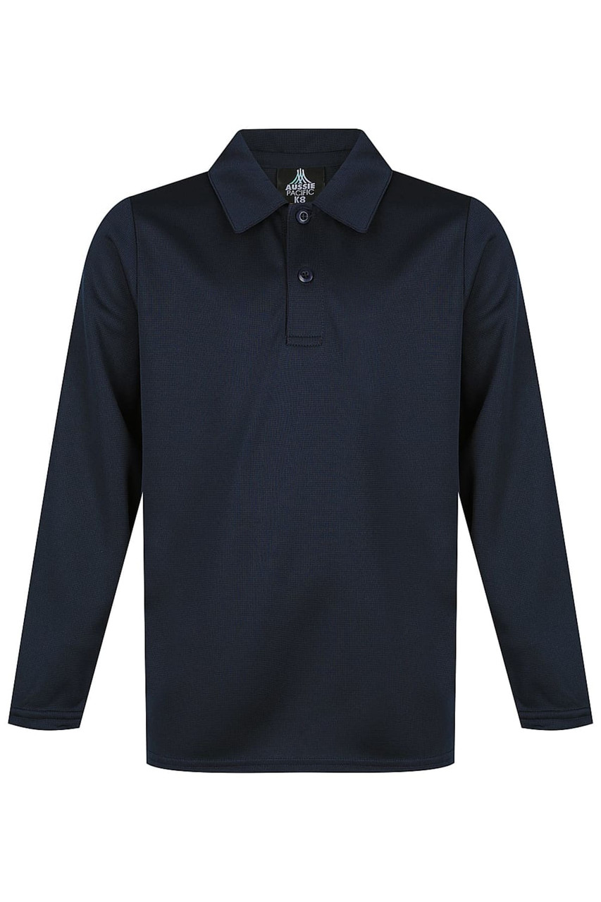 A long-sleeved navy polo shirt featuring a collar and buttons, with a logo on the chest. Ideal for casual wear.