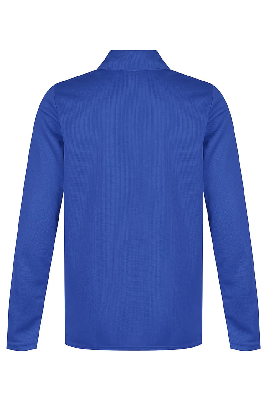 A blue long-sleeved polo shirt featuring a collar and a smooth texture. It has a logo on the front.