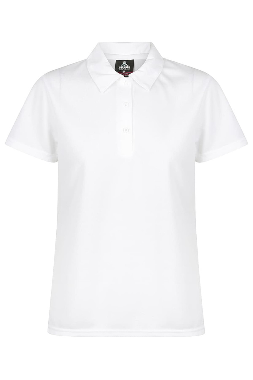 A white polo shirt with a collar and buttons, featuring a logo on the chest.
