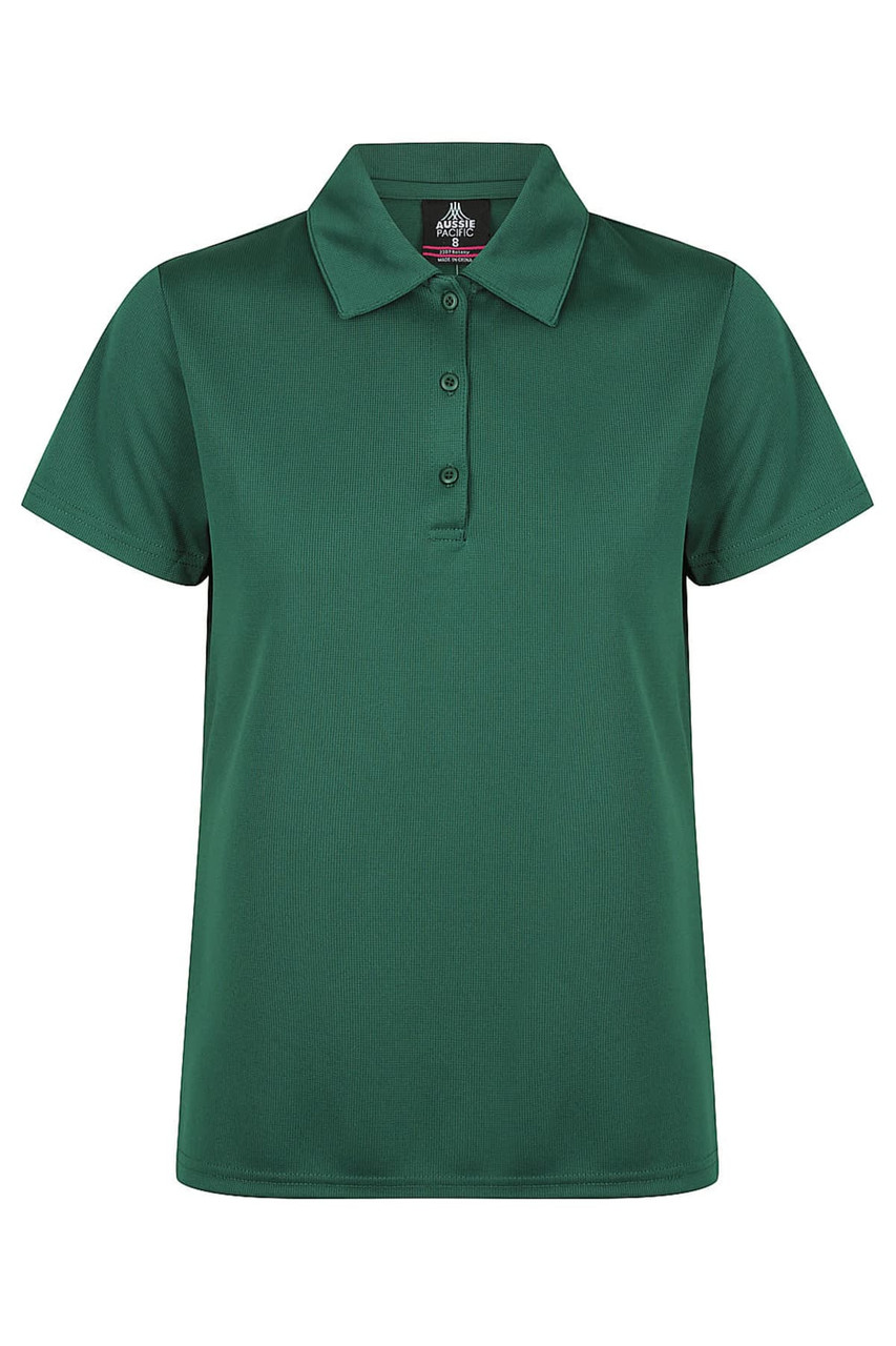 A green polo shirt with a collar, featuring three buttons and a logo. Suitable for casual or active wear.