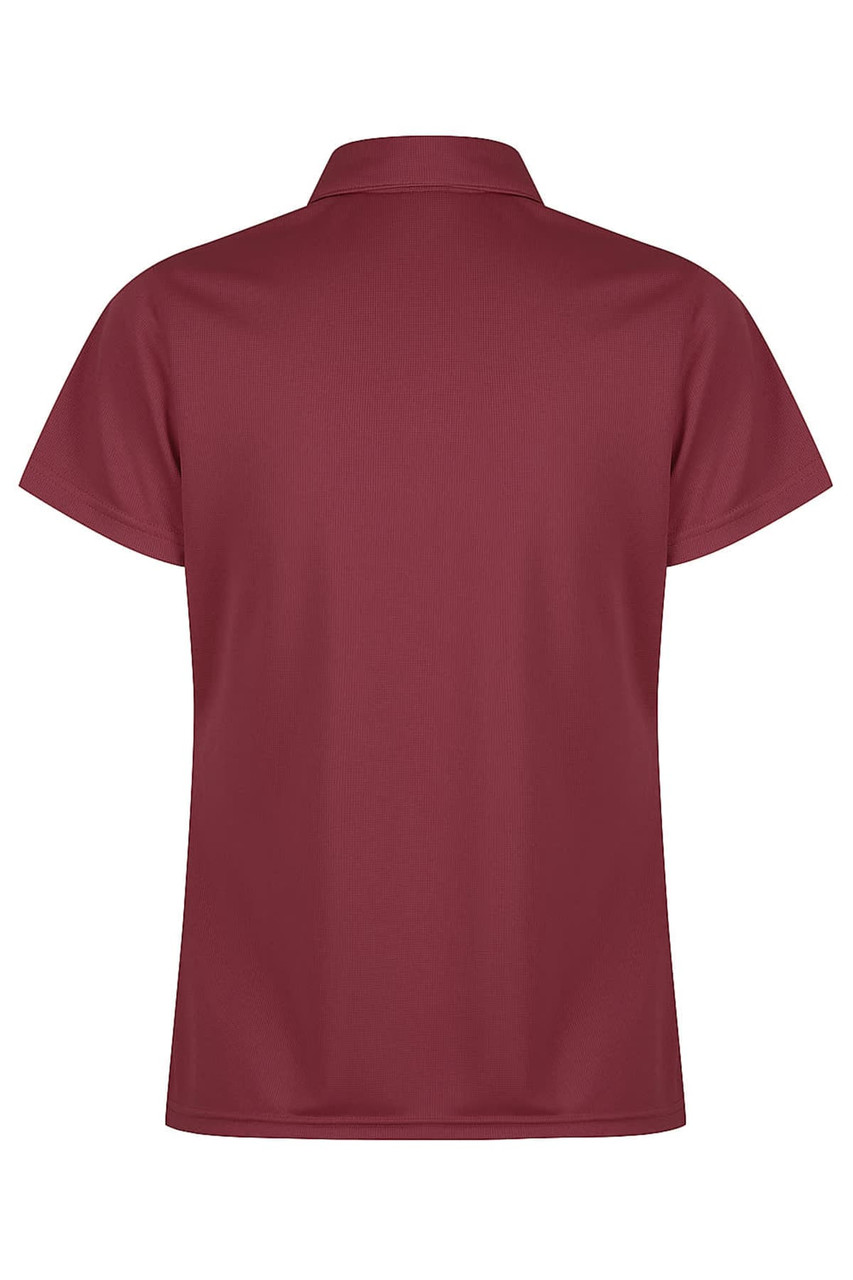 A burgundy polo shirt with a classic collar and short sleeves. The back view showcases a smooth, simple design.