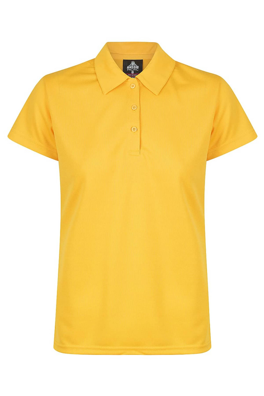 A yellow polo shirt featuring a classic collar and button detail, with a branded logo on the inside.