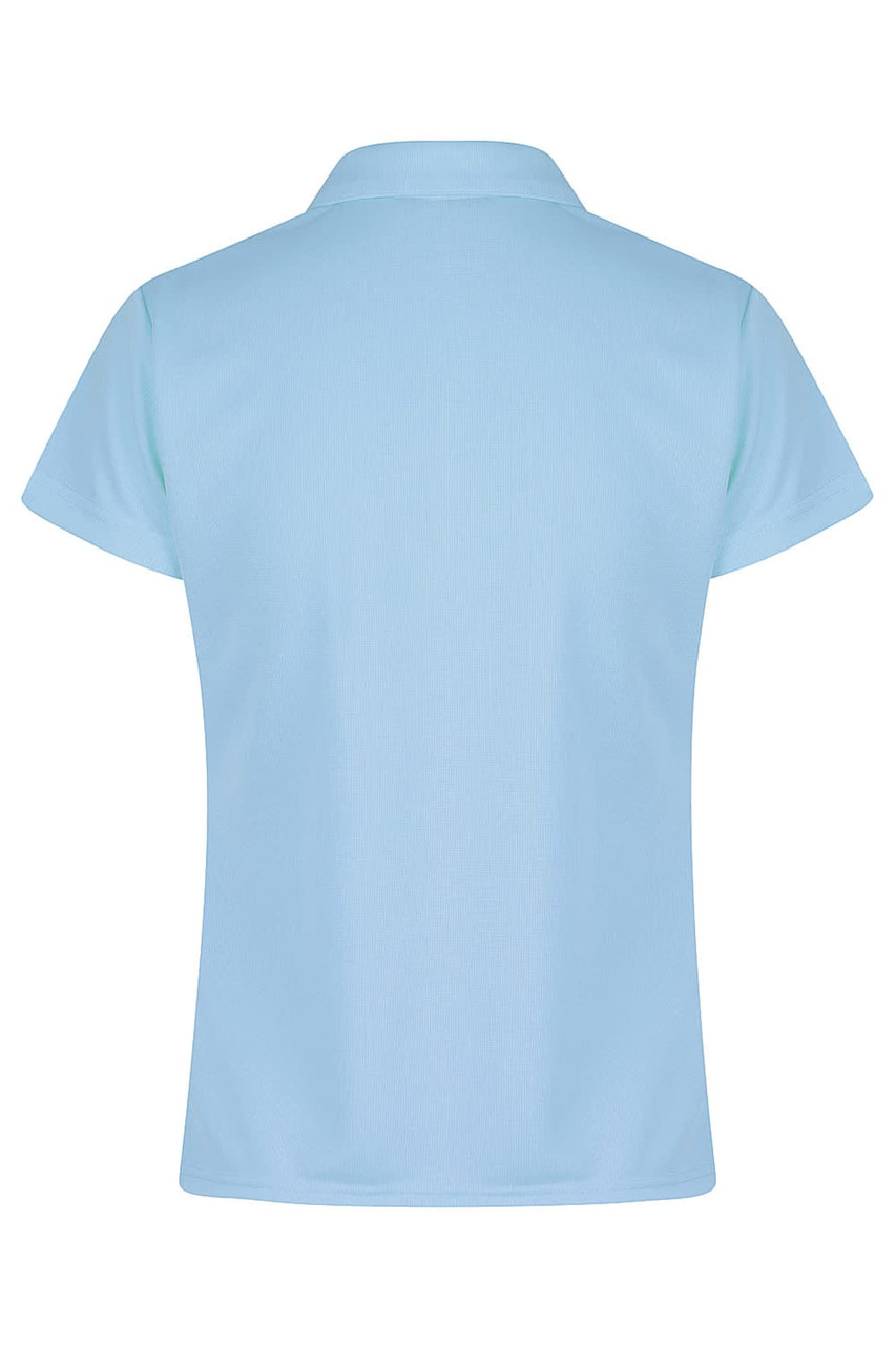 A light blue polo shirt with a short sleeve and a classic collar, featuring a branded logo.