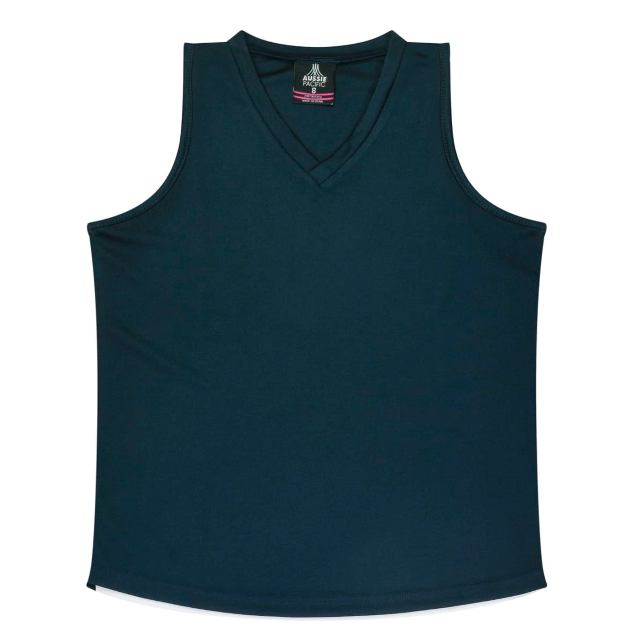 A dark green singlet featuring a V-neck design, with a logo on the inside tag.