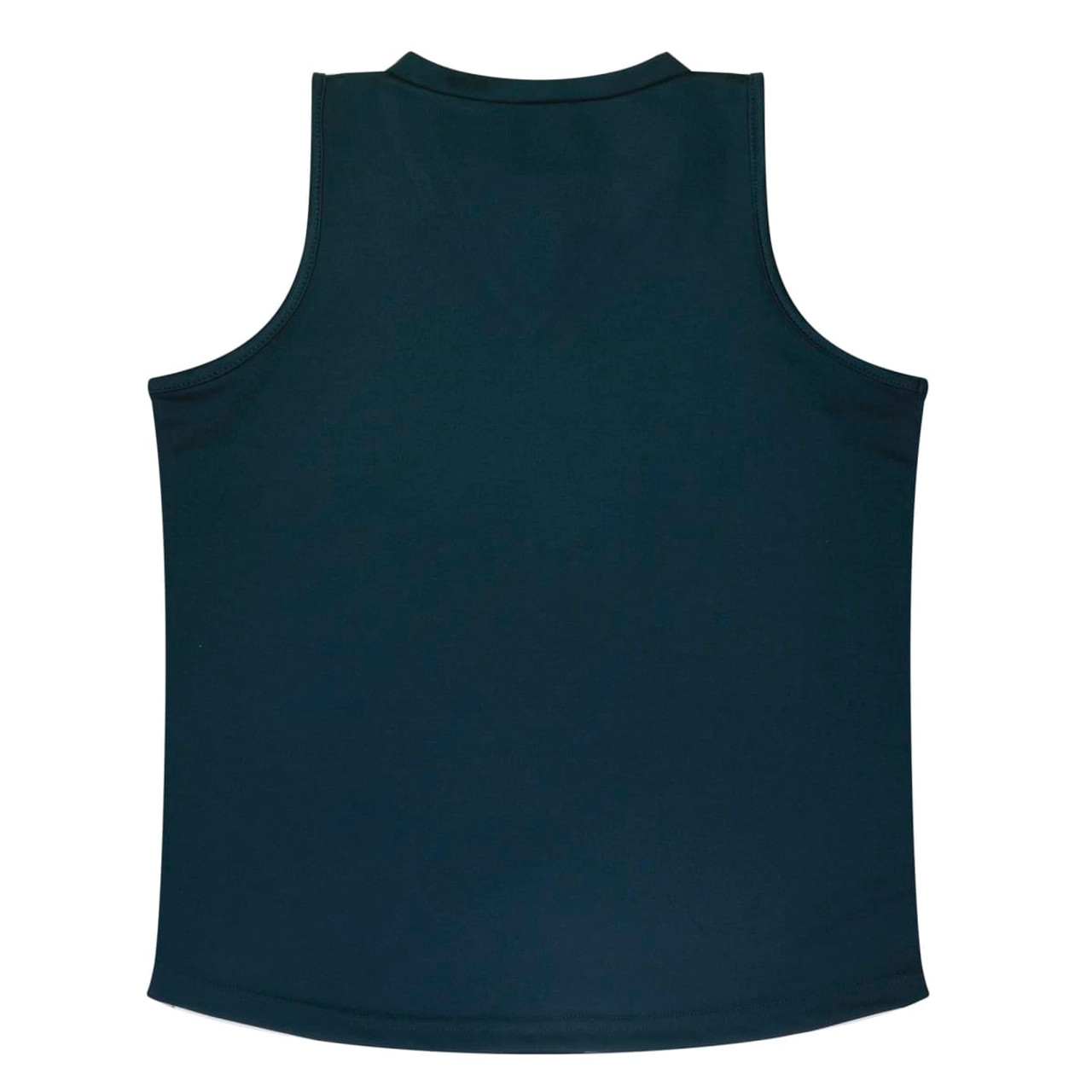 A dark green singlet with a simple design and a rounded neckline. It features a logo on the back.