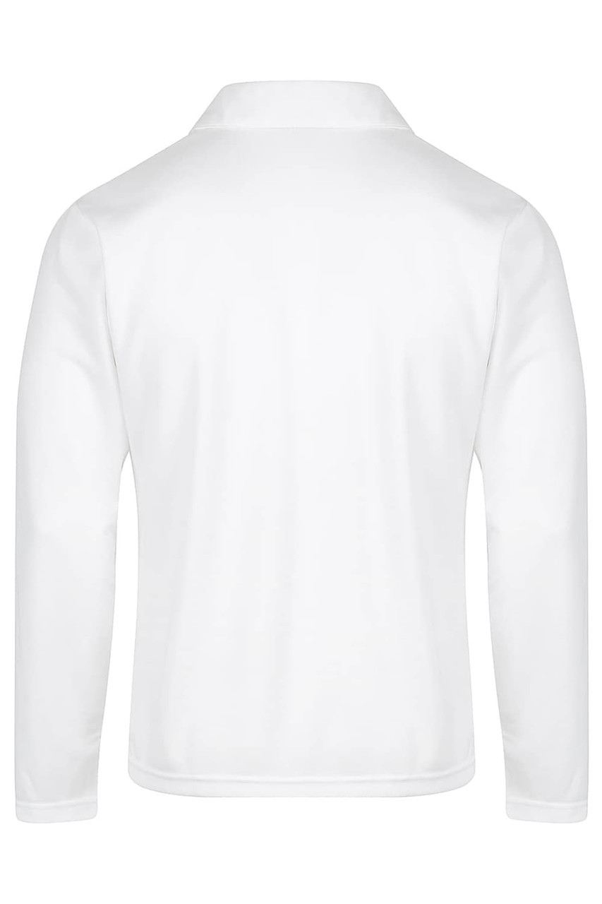 A white long-sleeve polo shirt featuring a collar and a plain back design. It has a logo on the side.