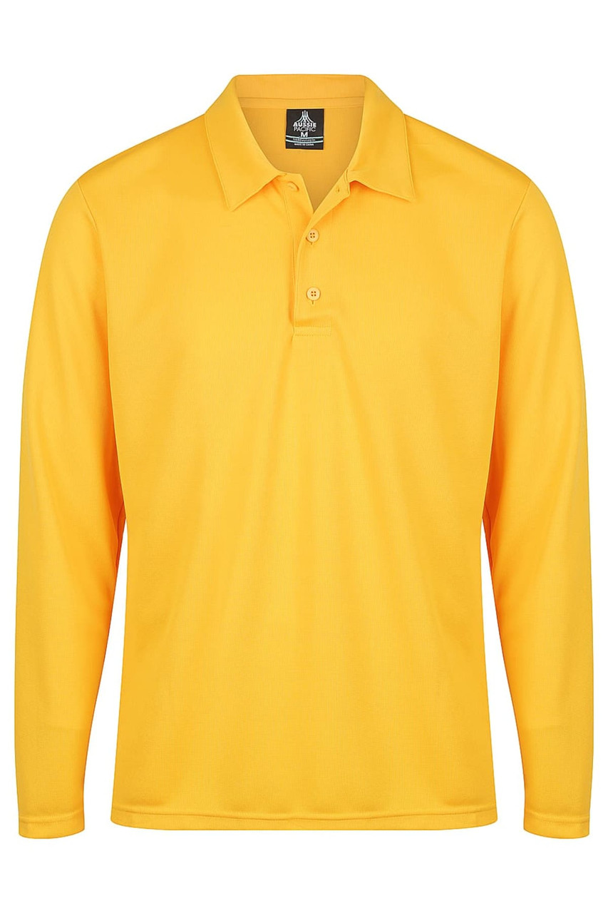 A long-sleeved yellow polo shirt featuring a collar and three buttons, with a logo on the neckline.