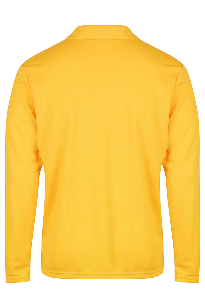 A long-sleeve yellow polo shirt with a collar and a logo on the back.