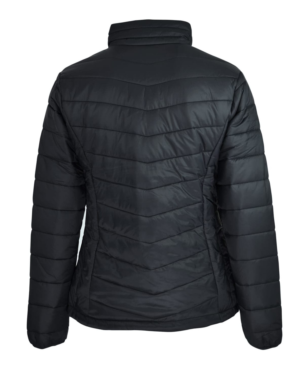 A black puffer jacket with a fitted design and chevron stitching on the back. It features a high collar and has a logo.