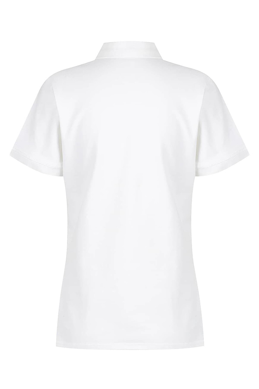 A white women's polo shirt featuring a classic design and short sleeves. It includes a logo on the fabric.