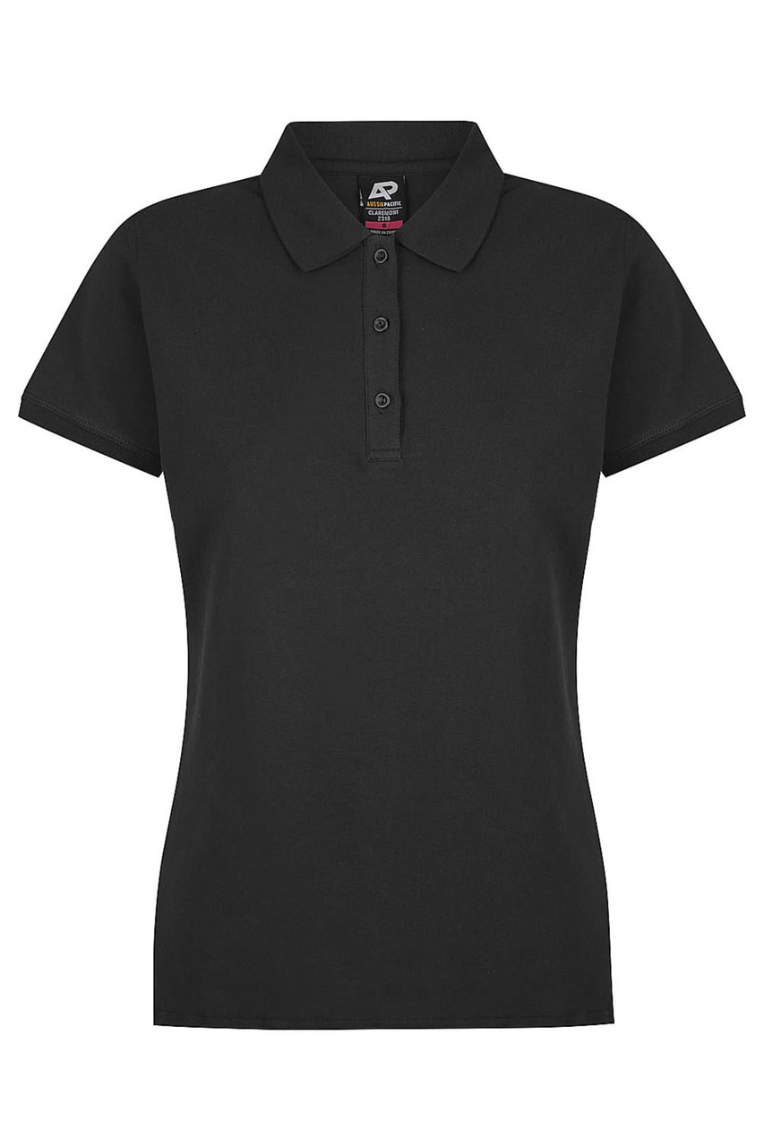 A black polo shirt for women with a collared neckline and three buttons, featuring a logo on the inside.