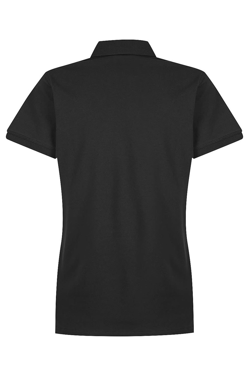 A black polo shirt with a short collar and sleeves, featuring a logo on the back.