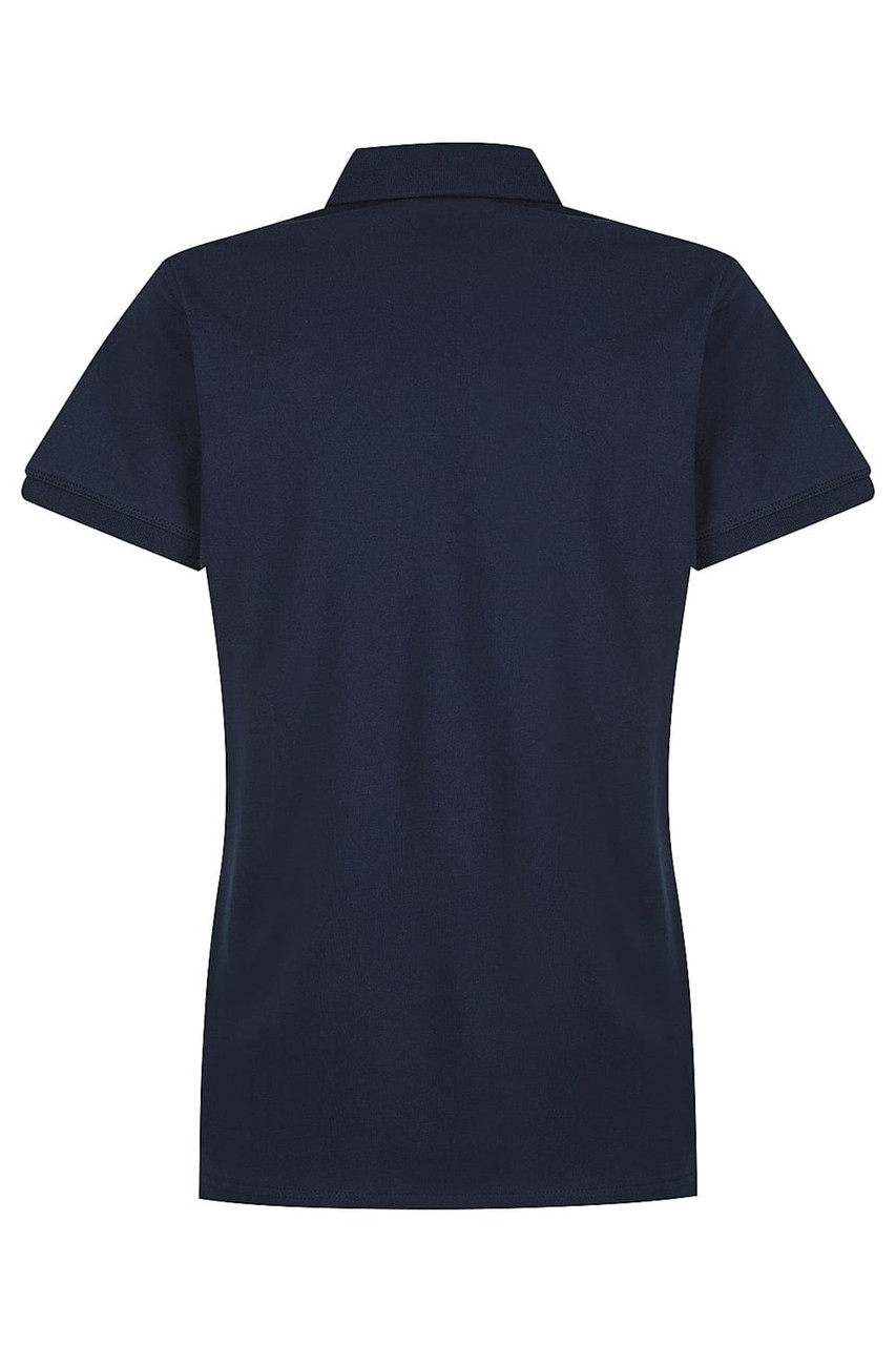 A navy blue women's polo shirt with a collar and short sleeves, featuring a logo on the front.