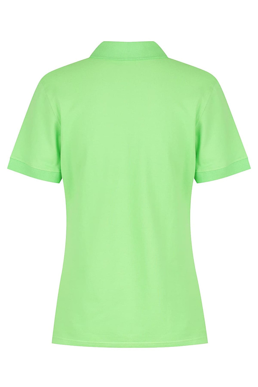 A light green polo shirt with a collar and short sleeves, featuring a logo on the back.