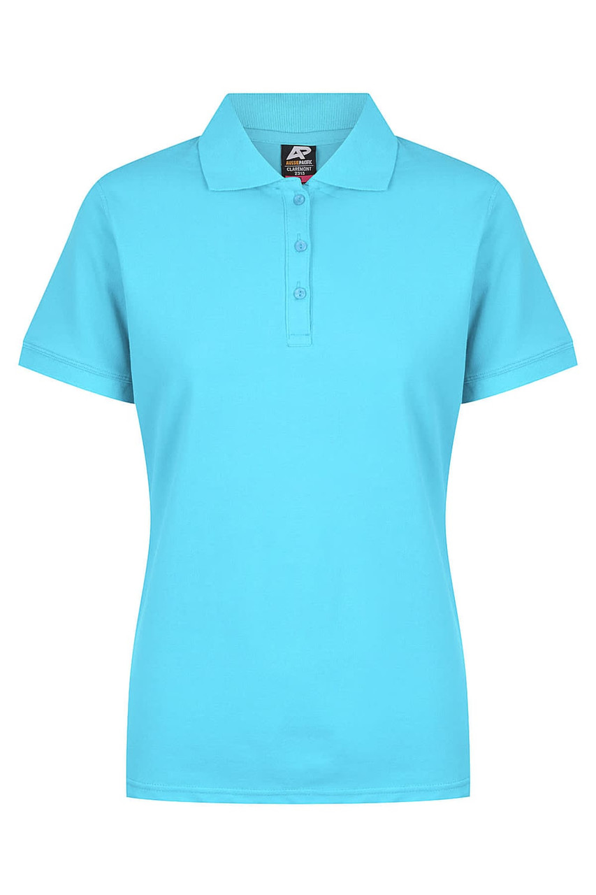 A turquoise polo shirt with a collar and three-button placket, featuring a logo on the upper left side.