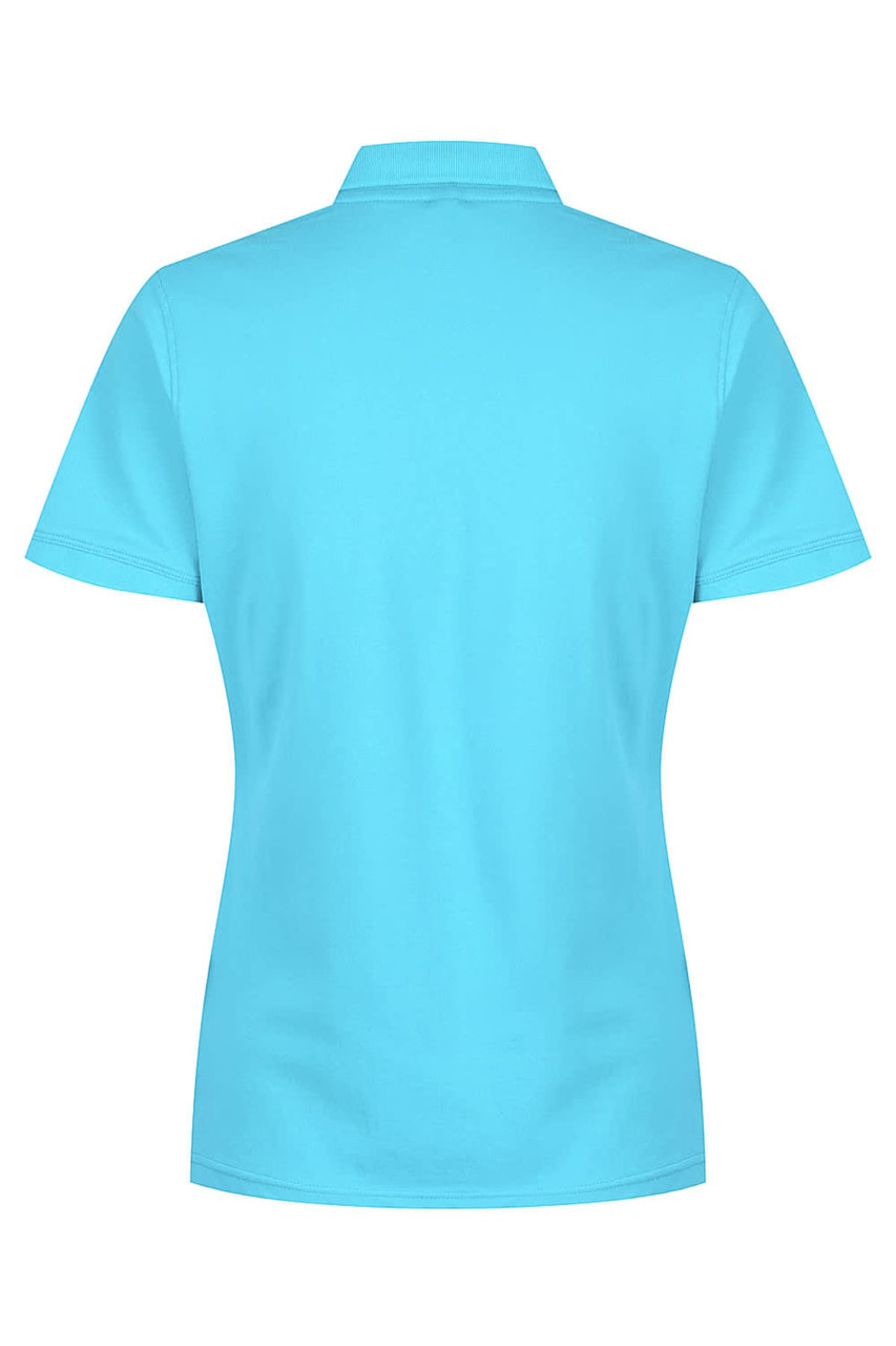 A turquoise women's polo shirt with a collared neckline and short sleeves, featuring a logo on the back.