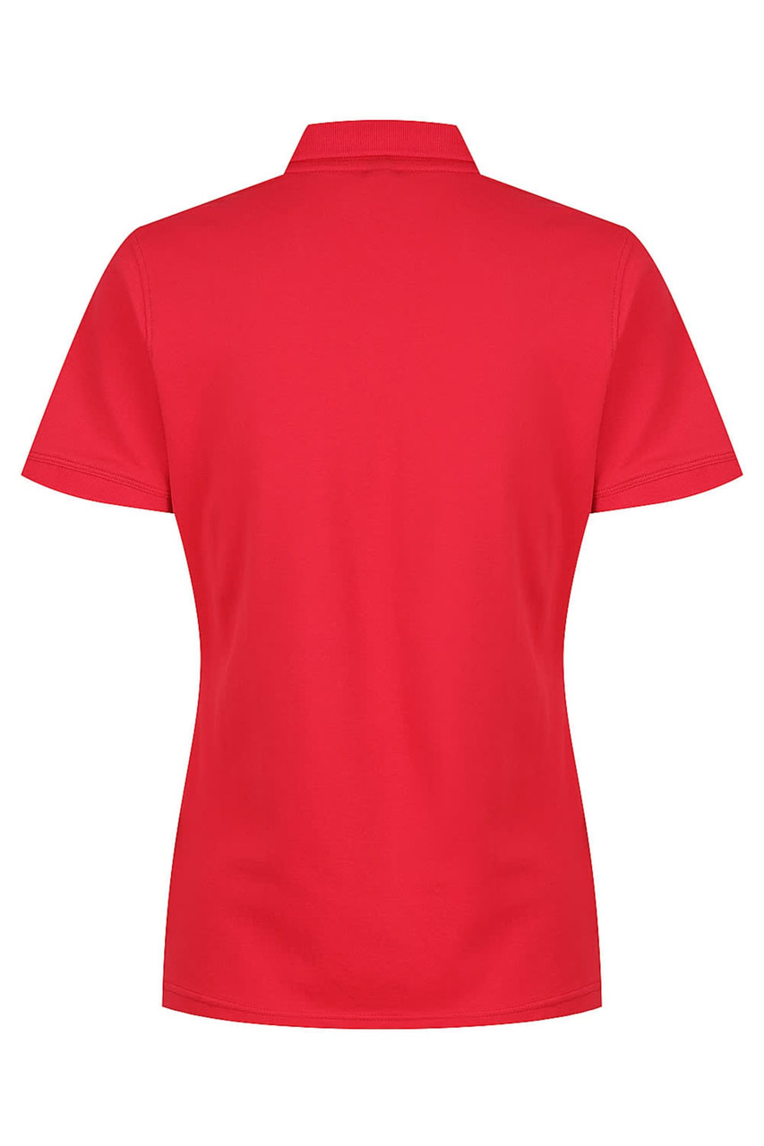 A red polo shirt for women with a classic cut and collar, featuring a logo on the back.