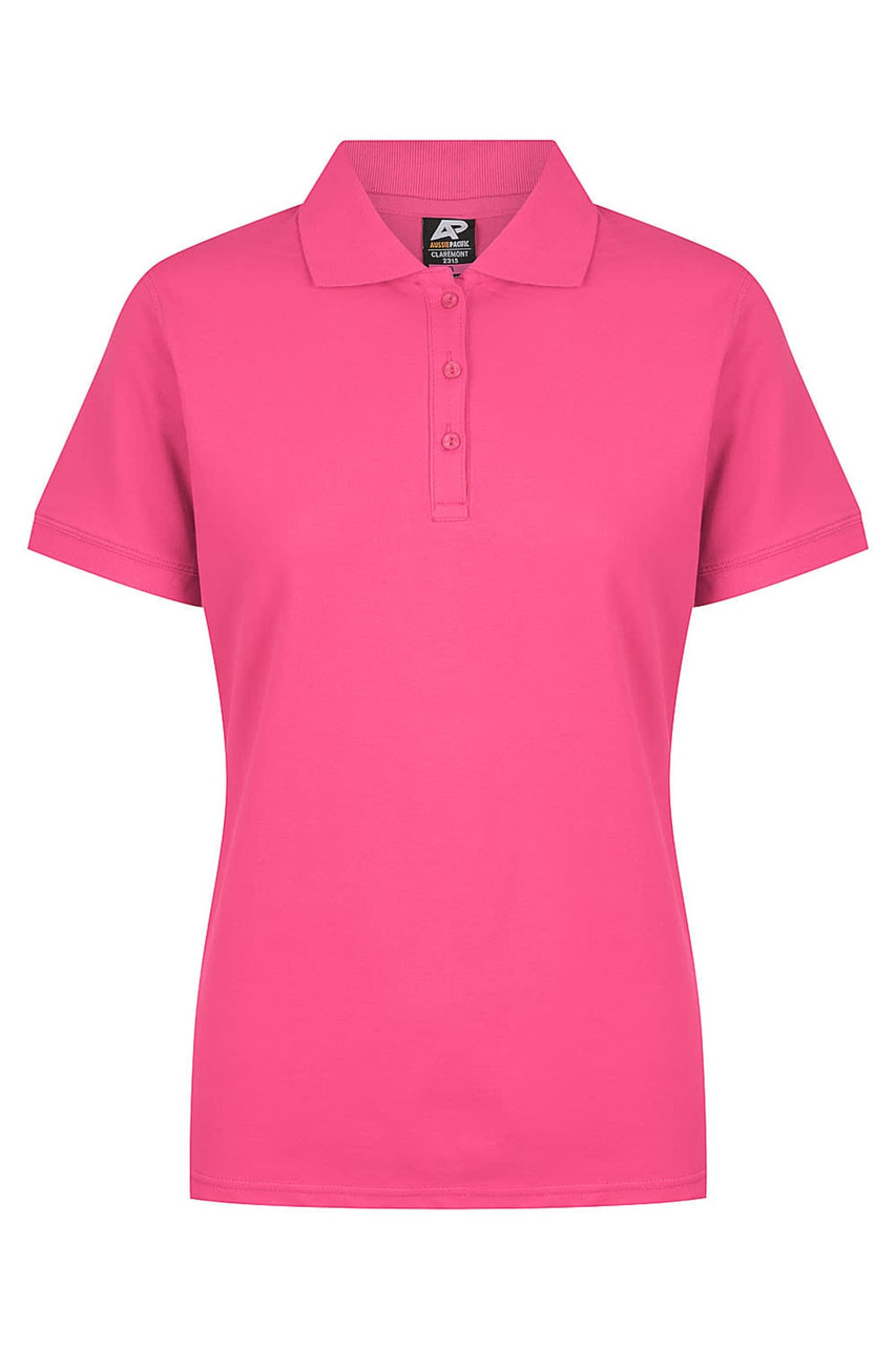A pink polo shirt for women with a collared neckline and buttoned placket, featuring a branding logo.