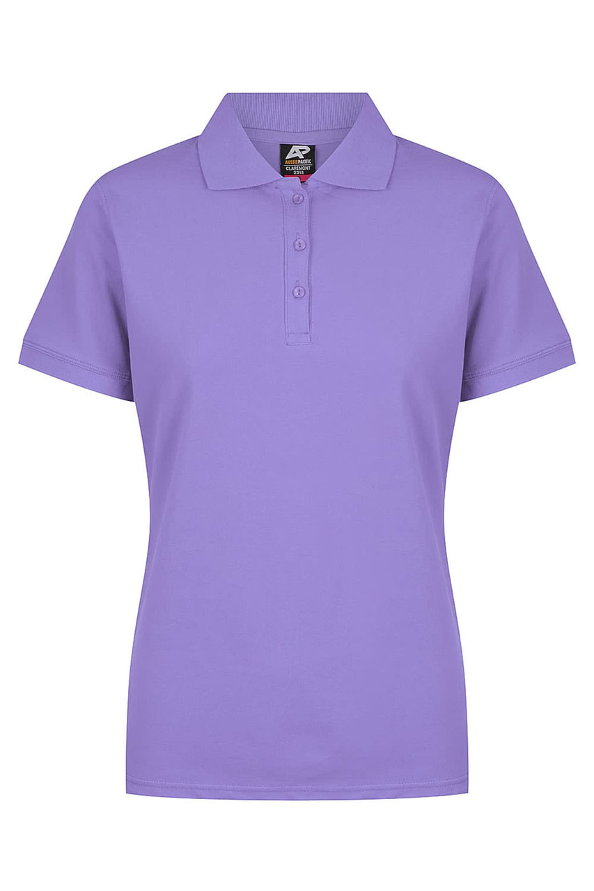 A purple polo shirt with a collar and short sleeves, featuring a branded tag.