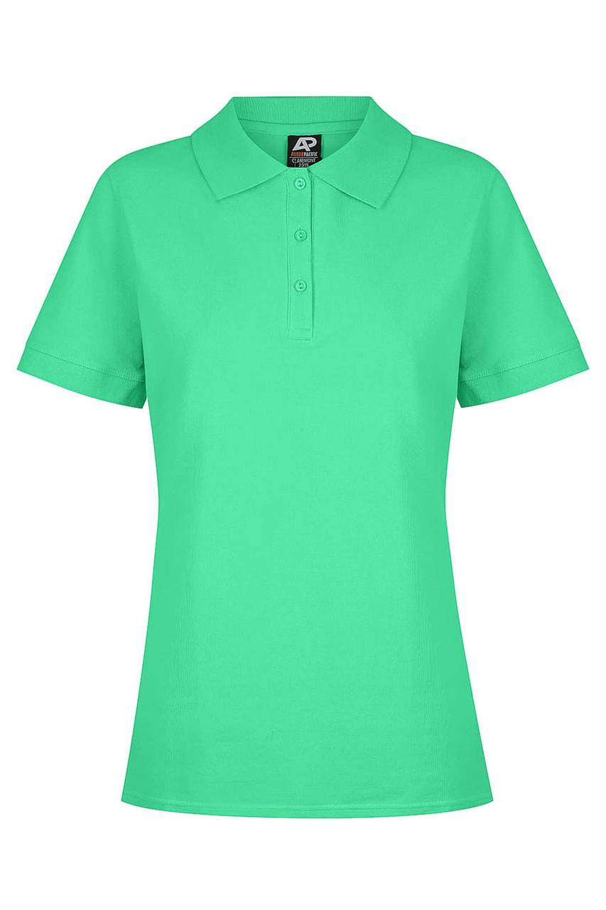 A green polo shirt with a classic collar and four buttons, featuring a logo on the label.