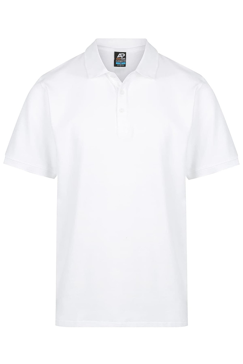 A white polo shirt featuring a collar and a placket, with a branding logo on the label.