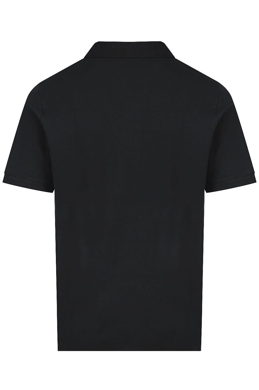 A black polo shirt displaying a simple, classic design with a collar and short sleeves. It features a logo.