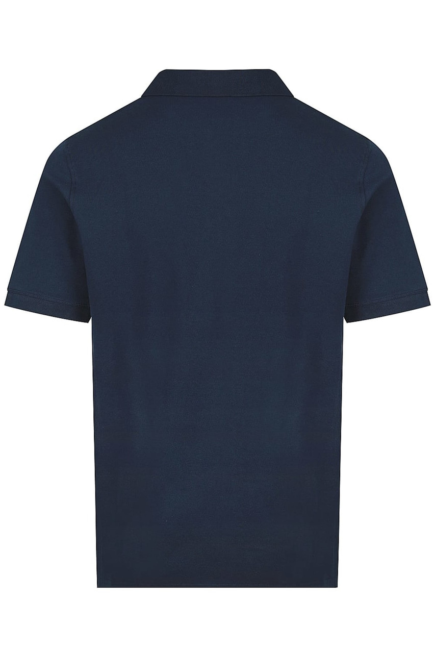 A navy polo shirt with a collar and short sleeves, featuring a branding logo. The back view is shown.