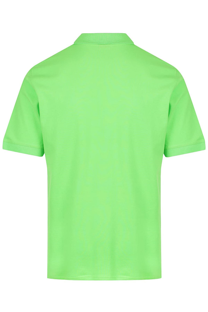 A lime green polo shirt featuring a collar and short sleeves, with a branding logo on the back.