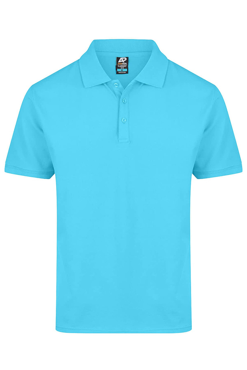 A turquoise polo shirt with a collar, featuring three buttons and a branding label.