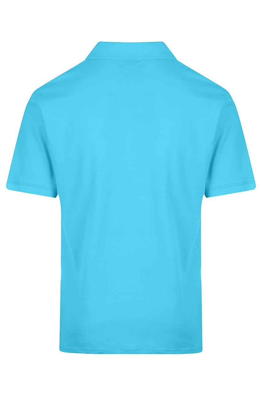 A bright turquoise polo shirt featuring a simple design and a collar, with a branding logo on the front.