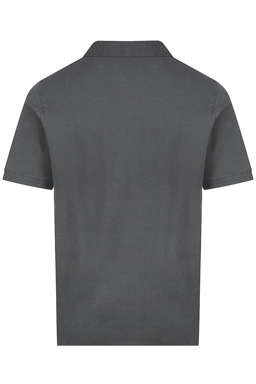 A grey polo shirt with short sleeves and a collar, featuring a logo on the back.