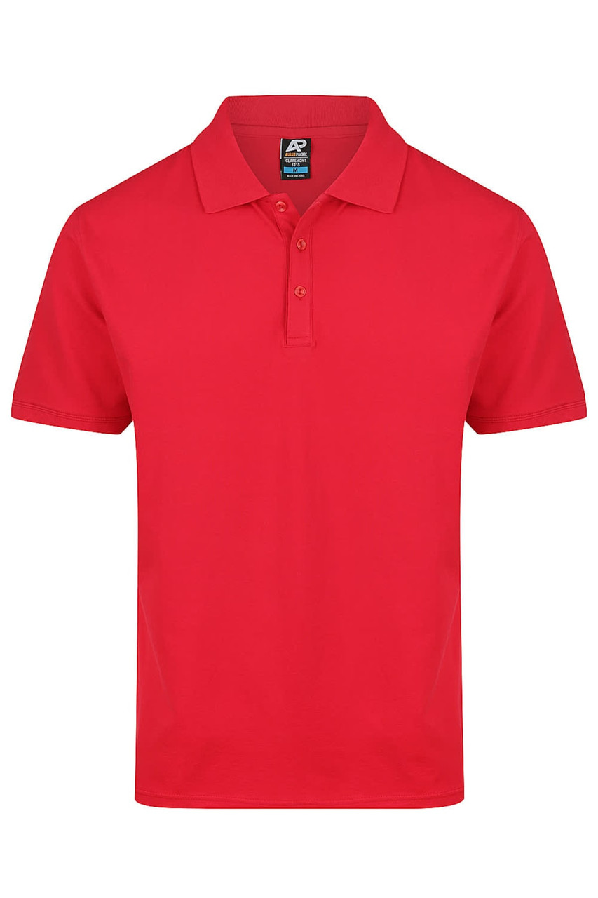 A red polo shirt with a collar and three buttons, featuring a small logo on the label.